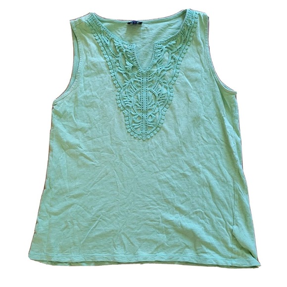 Talbots Tops - Talbots Tank Top Womens Small Lime Green V Neck Crochet Neckline Cotton Fabric